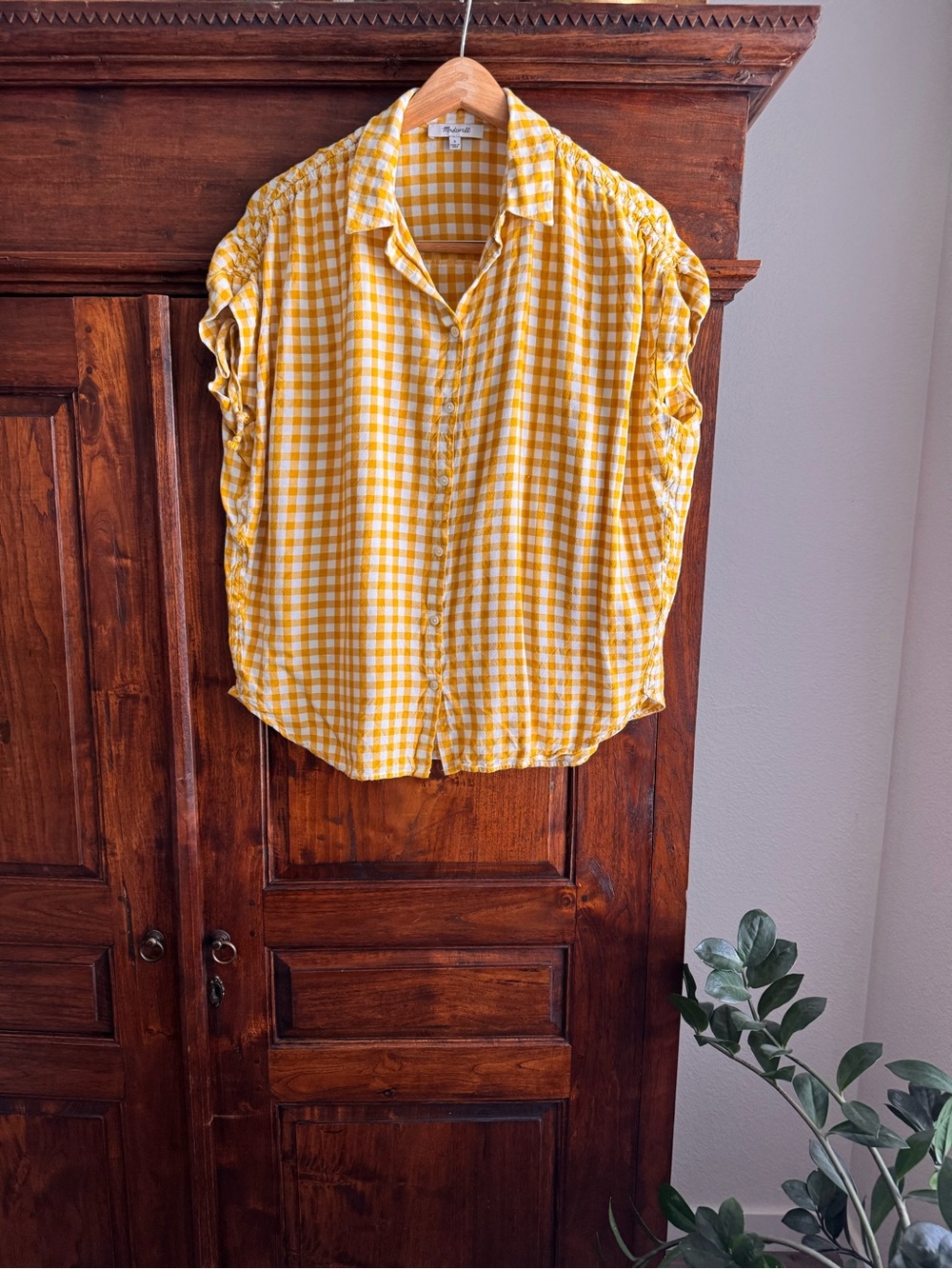 Madewell Yellow Gingham Check Central Ruched Sleeve Shirt